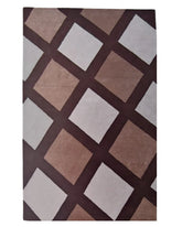 Brown and beige hand-tufted wool rug with geometric diamond grid pattern.
